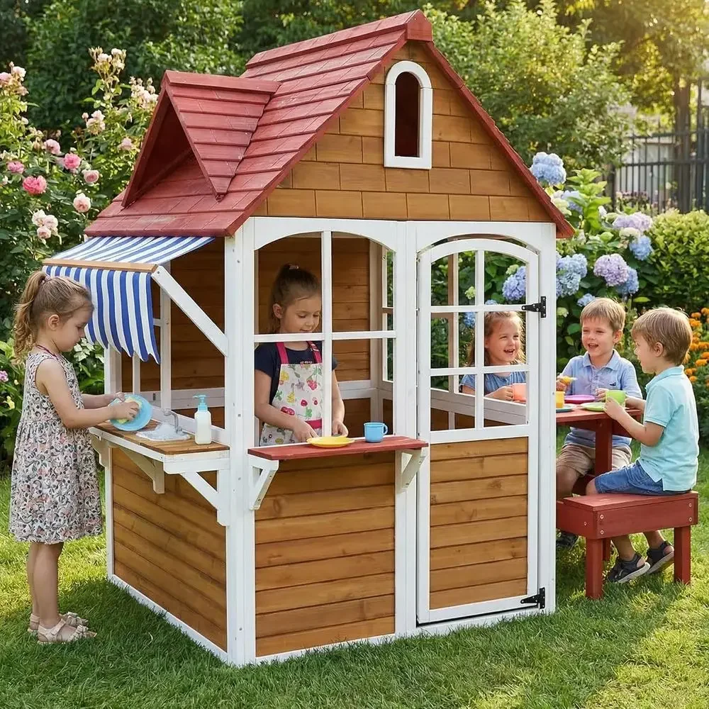 Kids Outdoor Bench Table - Large Solid Wood Outdoor Kids Playhouse