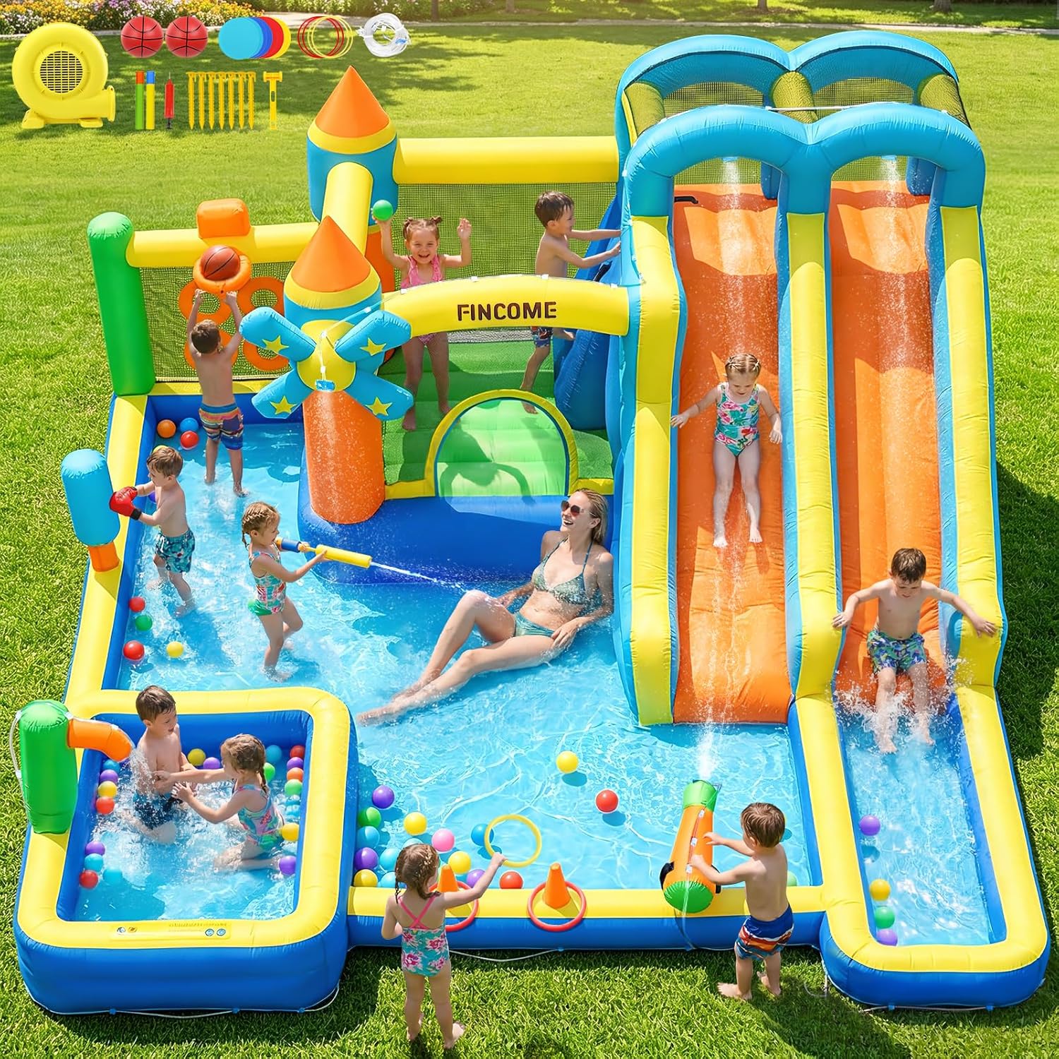 Kids Outdoor Water - 10-in-1 Inflatable Bouncy Castle with Dual