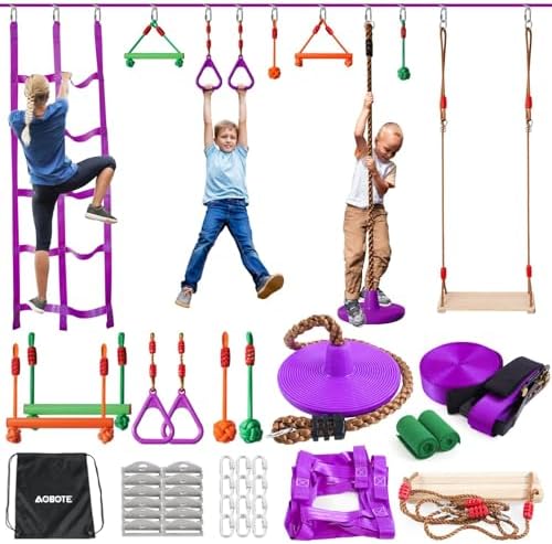 Kids Outdoor Monkey Bars - Obstacle Course for Kids-Slackline 52ft with
