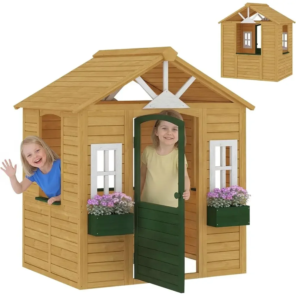 Qaba Kids Outdoor Playhouse - Qaba Outdoor Playhouse, Wooden Kids Playhouse
