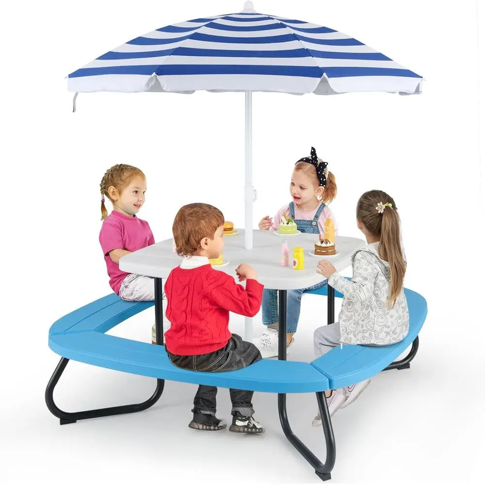 Kids Outdoor Bench Table - 8-Person Kids Picnic Table with Umbrella,